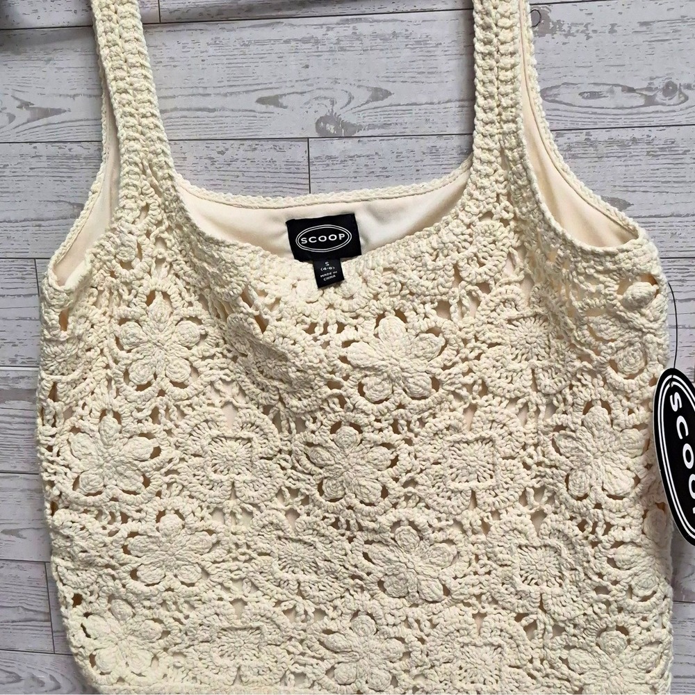 Scoop Ivory Floral Crochet Square Neck Wide Strap Cropped Tank Top Women's S